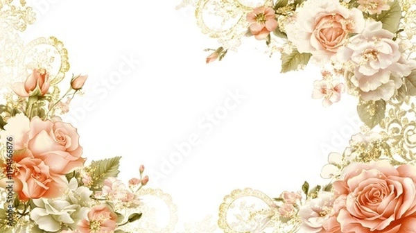 Fototapeta Romantic Floral Frame with Cascading Pink Roses,Golden Sparkles,and Delicate Lace Patterns