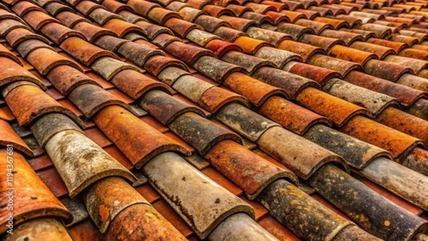 Fototapeta Awe-inspiring view of aged clay roof tiles arranged in an overlapping pattern
