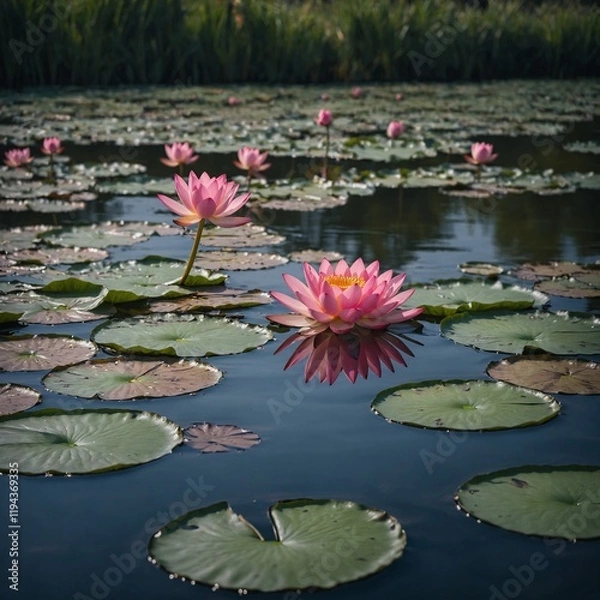 Fototapeta A single pink lotus flower floating gracefully on a serene pond surrounded by water lilies.