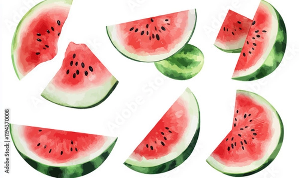 Fototapeta Vibrant Watercolor Illustration of Ripe Watermelon Slices on White Background for Creative Design