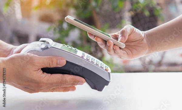 Fototapeta Contactless payment by smartphone. Payment with NFC technology