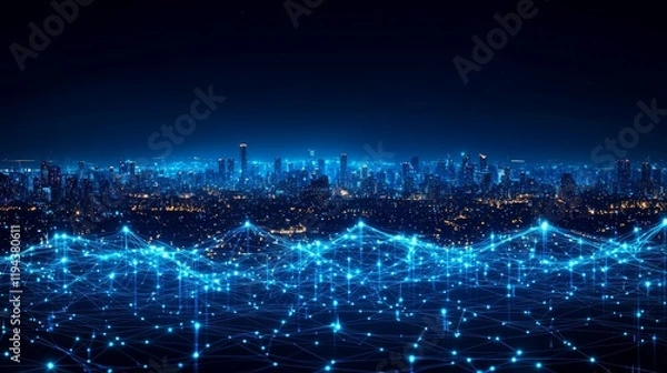 Fototapeta Night city skyline, network connections, data flow, urban technology, future