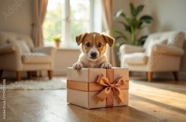 Fototapeta 
A Labrador puppy looks out of a gift box with a bow against the background of a spacious, modern, bright interior with a place for text