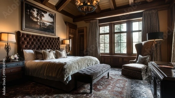 Fototapeta Elegant master suite with a king-sized bed, plush velvet upholstery, and lavish textures, offering a cozy and luxurious ambiance