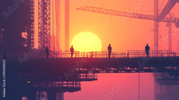 Fototapeta Construction workers silhouetted on bridge during sunset, with cranes in background creating dramatic skyline. vibrant colors evoke sense of hard work and dedication