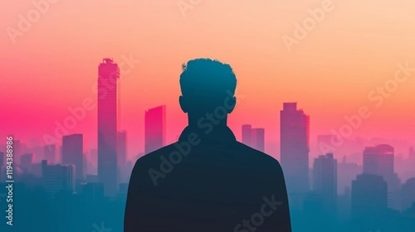 Fototapeta A silhouette of a person overlooks a vibrant city skyline at sunset, with hues of pink and orange illuminating the scene.