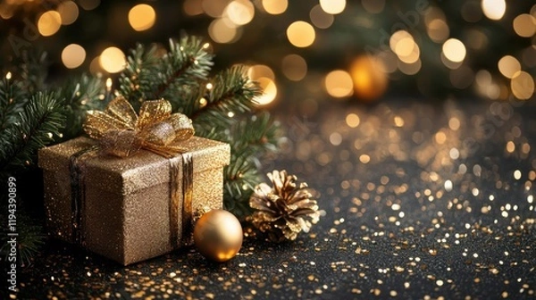 Fototapeta Golden gift box placed on a festive table with Christmas decorations and warm lights in the background