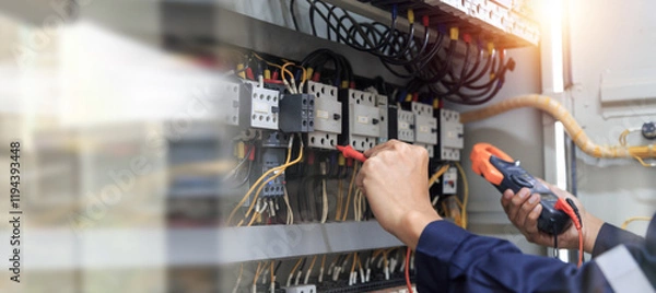 Fototapeta Checking the electrical system, an electrician is using an electric meter to check the electrical system at a control cabinet. for safety
