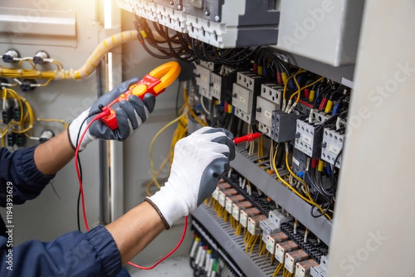 Fototapeta Checking the electrical system, an electrician is using an electric meter to check the electrical system at a control cabinet. for safety
