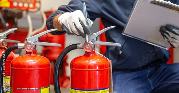 Fototapeta Engineer are checking and inspection a fire extinguishers tank in the fire control room for safety training and fire prevention.