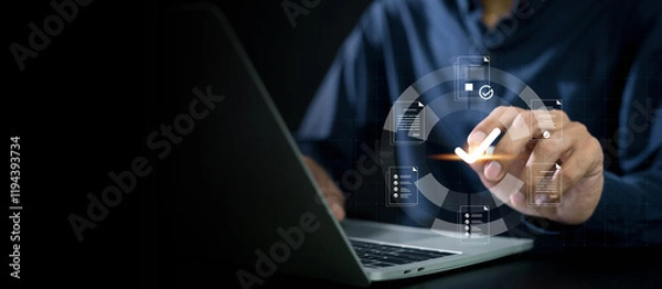 Fototapeta Businessman use document icon on virtual screen checklist and documentation management, business growth goals, develop success, planning and strategy create growth opportunities.