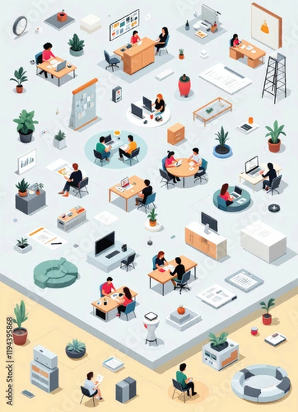 Fototapeta isometric set vector design of co working spaces with digital tools and meeting set up arranged on grey and yellow background