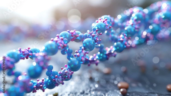 Obraz Close-up of a colorful DNA strand model with glowing blue and pink highlights on a dark abstract background