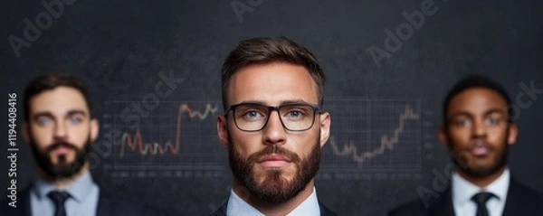 Fototapeta Three professional men against a dark background with financial graphs, showcasing a business or investment theme.