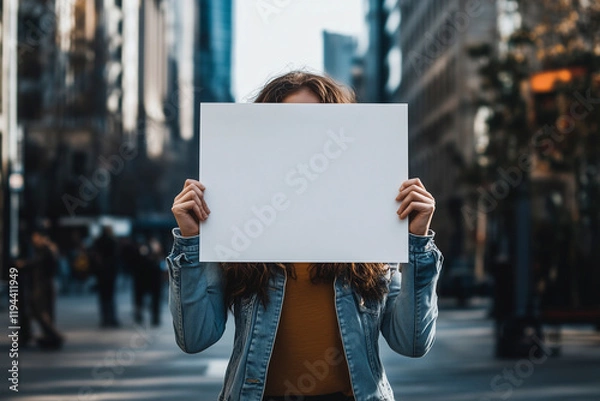 Obraz A young woman holds a blank poster above her head in the city center symbolizing student protests. Banner with copy space