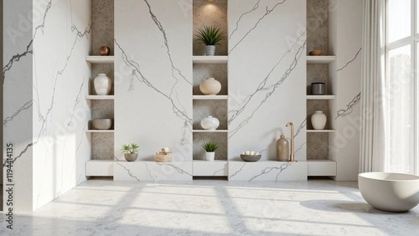 Fototapeta Close-up shot of a white marble wall with intricately veined, marble shelves displaying diverse, elegant vases—each uniquely adorned, adding charm to the serene, sophisticated setting