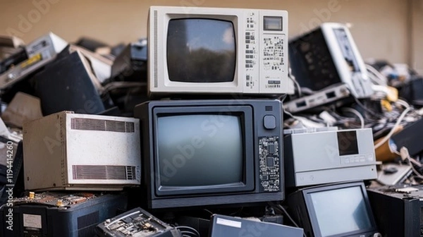 Fototapeta Pile of vintage and obsolete electronics in e-waste dump