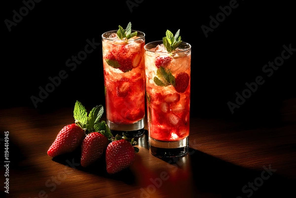 Fototapeta Glasses with strawberry lemonade, decorated with mint, are on the table, a dark background, a place for text.