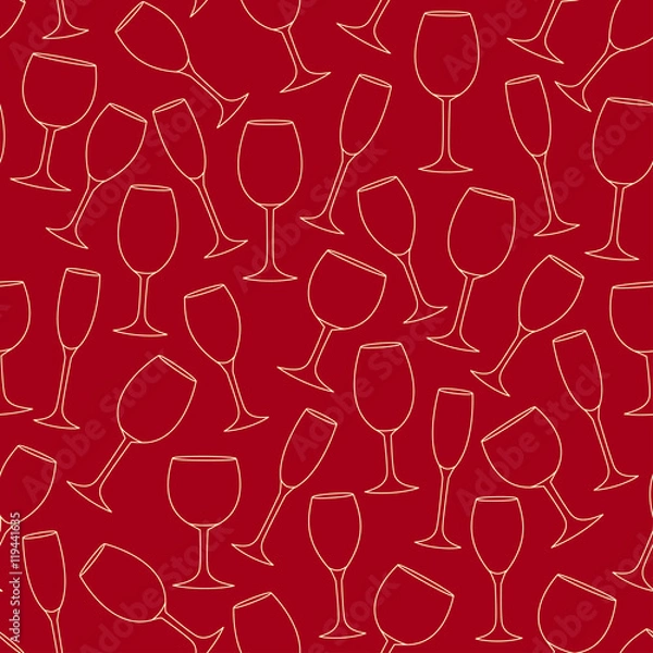 Fototapeta Seamless pattern made of linear wine glasses on red background