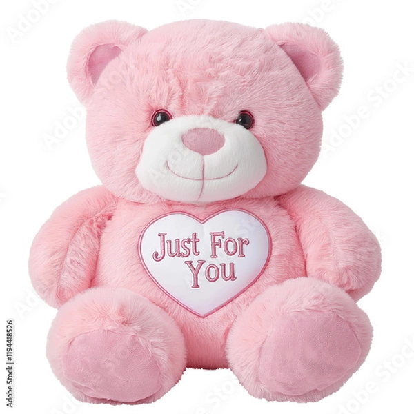 Fototapeta  A pink teddy bear with a white heart on its chest and the words "Just For You" embroidered in pink, in a realistic style png