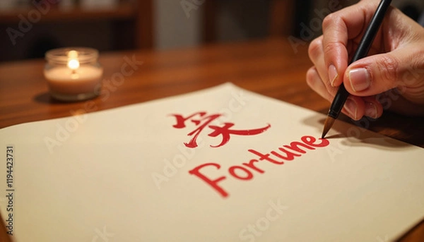 Obraz Calligraphy brush writing "Fortune" in Mandarin indoors, Lunar New Year