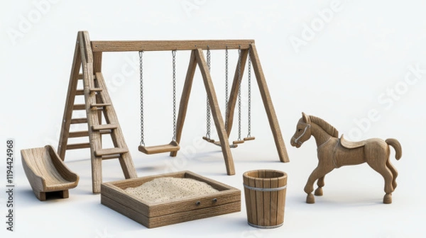 Fototapeta Cartoon set of playground equipment isolated on white background. Vector illustration of sandbox with toy bucket, wooden, swing, ladder, horse spring rocker for childrens outdoor fun and recreation