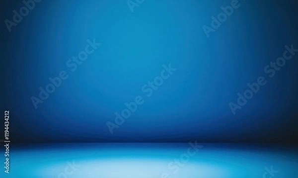 Fototapeta Panoramic abstract blue wall background for product presentation with sunlight and blurred shadows wall. Podium studio background