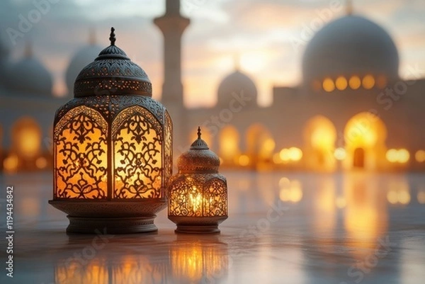 Fototapeta Graceful Ramadan Kareem Design Featuring Lanterns and Crescent Moon Motifs theme