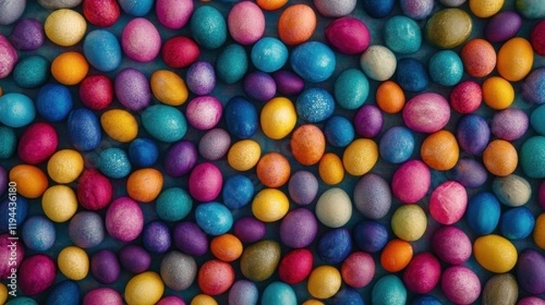 Obraz Small multicolored Easter eggs. Spring background. View from above. Flat lay.