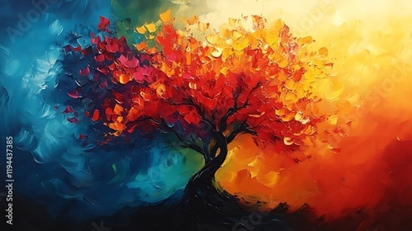 Obraz Vibrant autumn tree painting, colorful background, art print