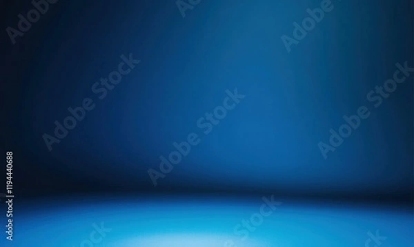 Fototapeta Panoramic abstract blue wall background for product presentation with sunlight and blurred shadows wall. Podium studio background