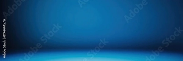 Fototapeta Panoramic abstract blue wall background for product presentation with sunlight and blurred shadows wall. Podium studio background