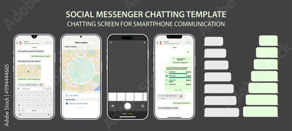 Fototapeta Modern Smartphone Messenger UI Template: Social Communication App Design for Chat and Messaging.Chat App in Smart Mobile Phone Template. Modern Realistic Cellphone. Vector.