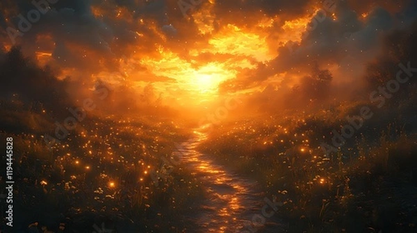 Fototapeta Sunset path, fireflies, field, misty forest, fantasy art