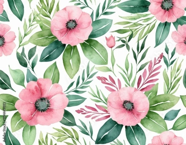 Fototapeta Watercolor Pink Anemone Flower Seamless Pattern: Elegant Botanical Floral Design for Textile and Wallpaper