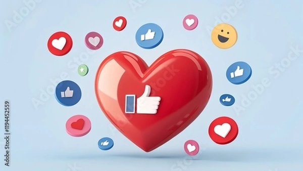 Fototapeta A cheerful, three-dimensional rendering of a heart surrounded by social media "like" icons and other heart-shaped emoji,