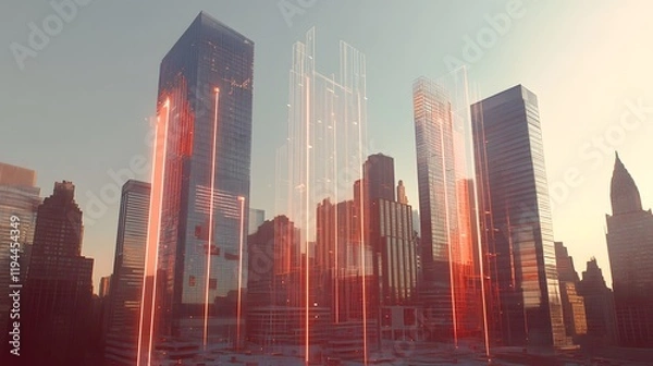Fototapeta 3D image of skyscrapers being built in real-time, with large progress arrows pointing toward the future, symbolizing expansion and development
