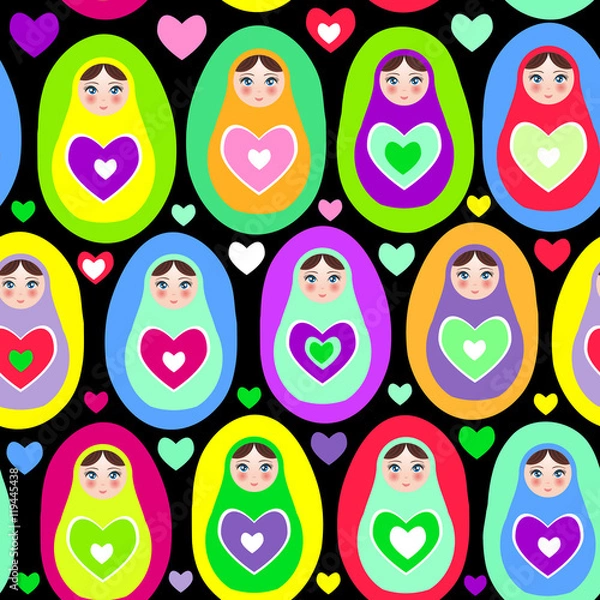 Fototapeta Seamless pattern Russian dolls Matryoshka on white background, bright colors. Birthday, baby shower, party, design. Vector