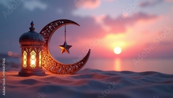 Obraz Ramadan Lantern and Crescent Moon at Sunset