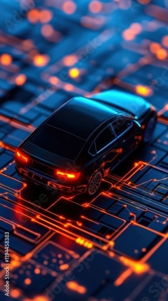 Fototapeta A sleek black car is situated on a vibrant circuit board, illuminated by glowing orange lights, symbolizing the intersection of technology and automotive innovation.