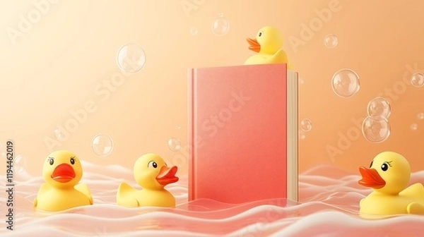 Fototapeta Mockup children book with rubber ducks bathing on water and bubbles, plain color no text hardcover 