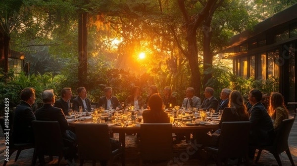 Fototapeta Elegant outdoor dining setting with sun setting over a group of professionals enjoying a business dinner in a lush garden environment