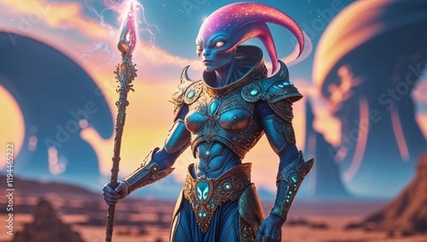 Fototapeta Humanoid alien warrior stands powerfully in a futuristic desert landscape with a mystical staff during a vibrant sunset