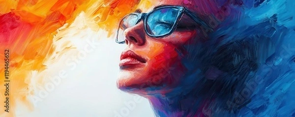 Fototapeta Vibrant abstract portrait of a young female in glasses with colorful brushstrokes