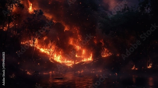 Fototapeta An intense wildfire consumes a dense forest under the cover of night, with glowing flames lighting up the sky and thick smoke billowing into the darkness.