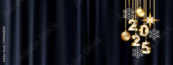 Fototapeta 2025 new year banner background with golden shiny hanging ornament ball, snowflake decoration and copy space, vector design