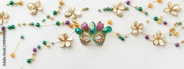 Fototapeta A clean flat lay featuring a colorful Mardi Gras mask surrounded by green, gold, and purple beads on a plain white background, evoking a simple yet festive carnival spirit.