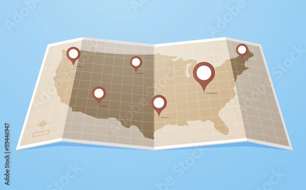 Obraz Płaska mapa Stanów Zjednoczonych z ilustracji wektorowych szpilki lokalizacji