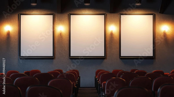 Fototapeta Blank movie posters illuminated by spotlights. Vector realistic mockup of white picture frames on gray tiled wall in cinema, theater or gallery. Empty advertising banners with black border and lamps