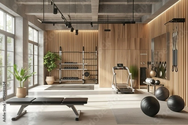 Fototapeta modern conceptual Luxury Minimalist Scandinavian-inspired stylish Gym with clean lines and light colors contemporary bright stylish interior . 3D rendering